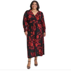 Tommy Hilfiger Plus Size Floral Smocked-Cuff MIDI Dress - Black/Scarlet